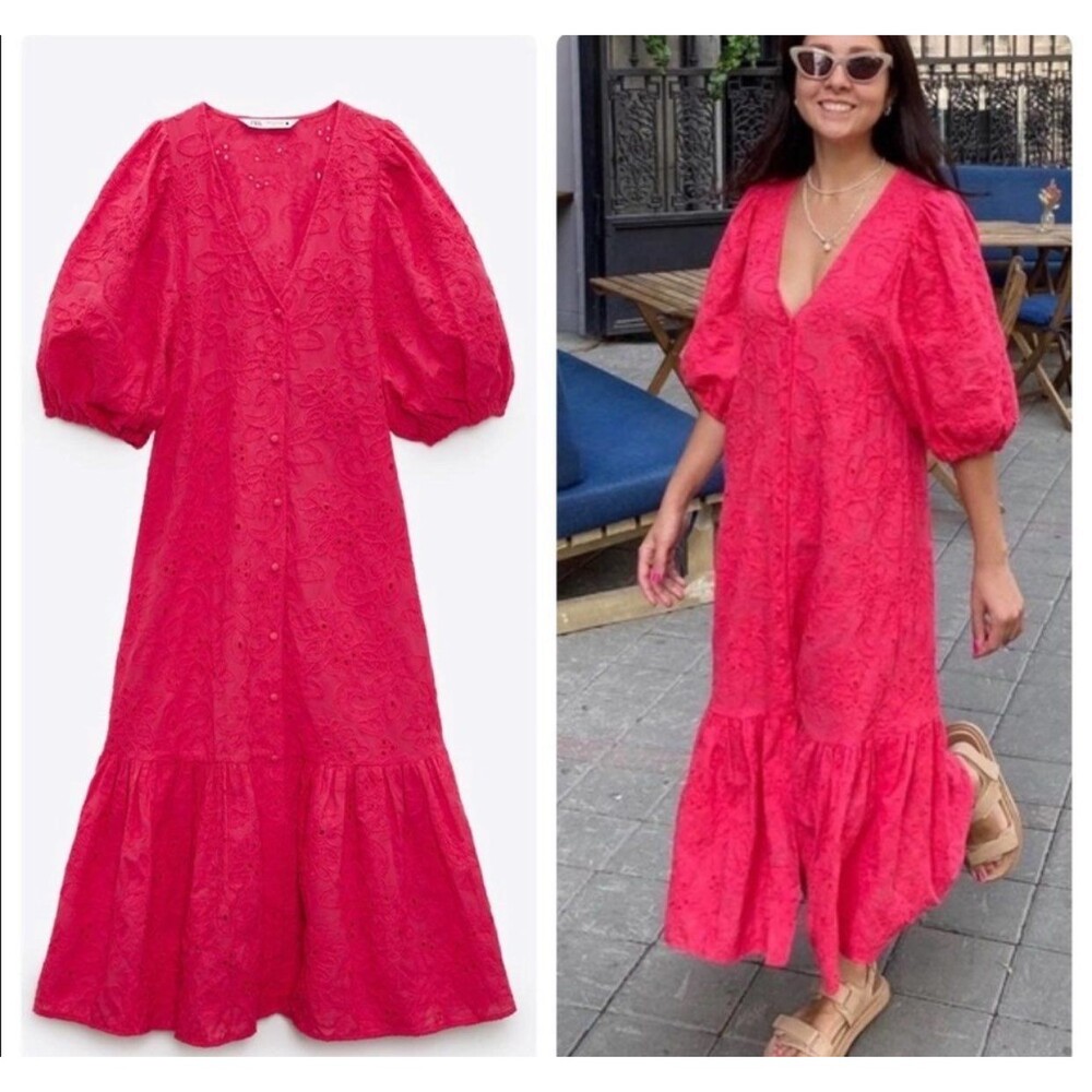 ZARA OPENWORK EMBROIDERED MIDI DRESS